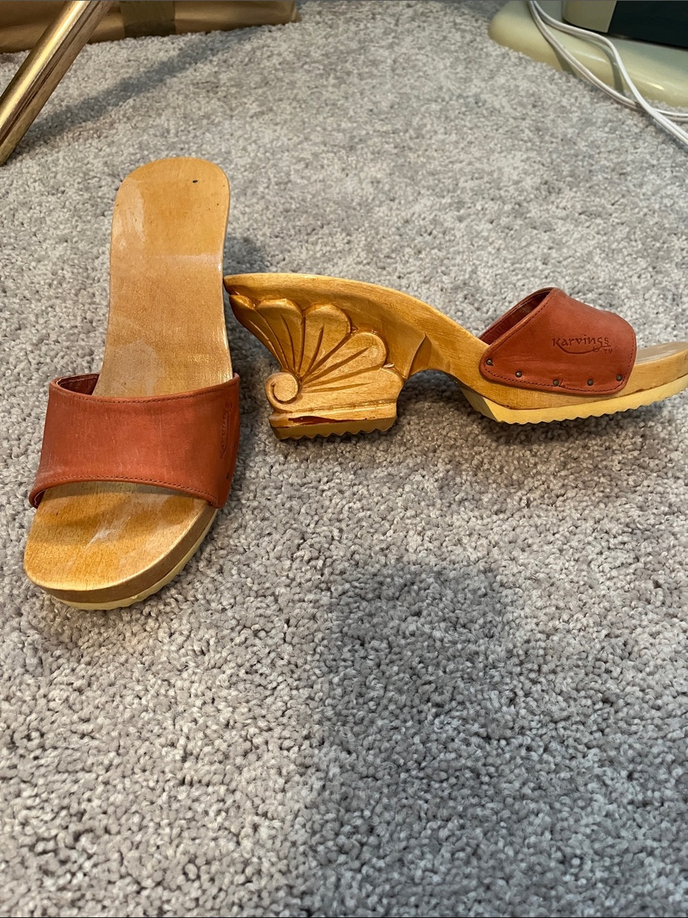 Rust Leather Slide Heels with Carved Wooden Heel